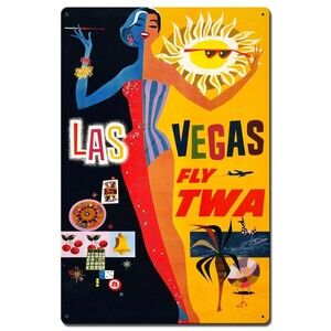 Las Vegas Fly TWA Metal Tin Sign 12"x 15" Mancave Bar Poker Garage Casino